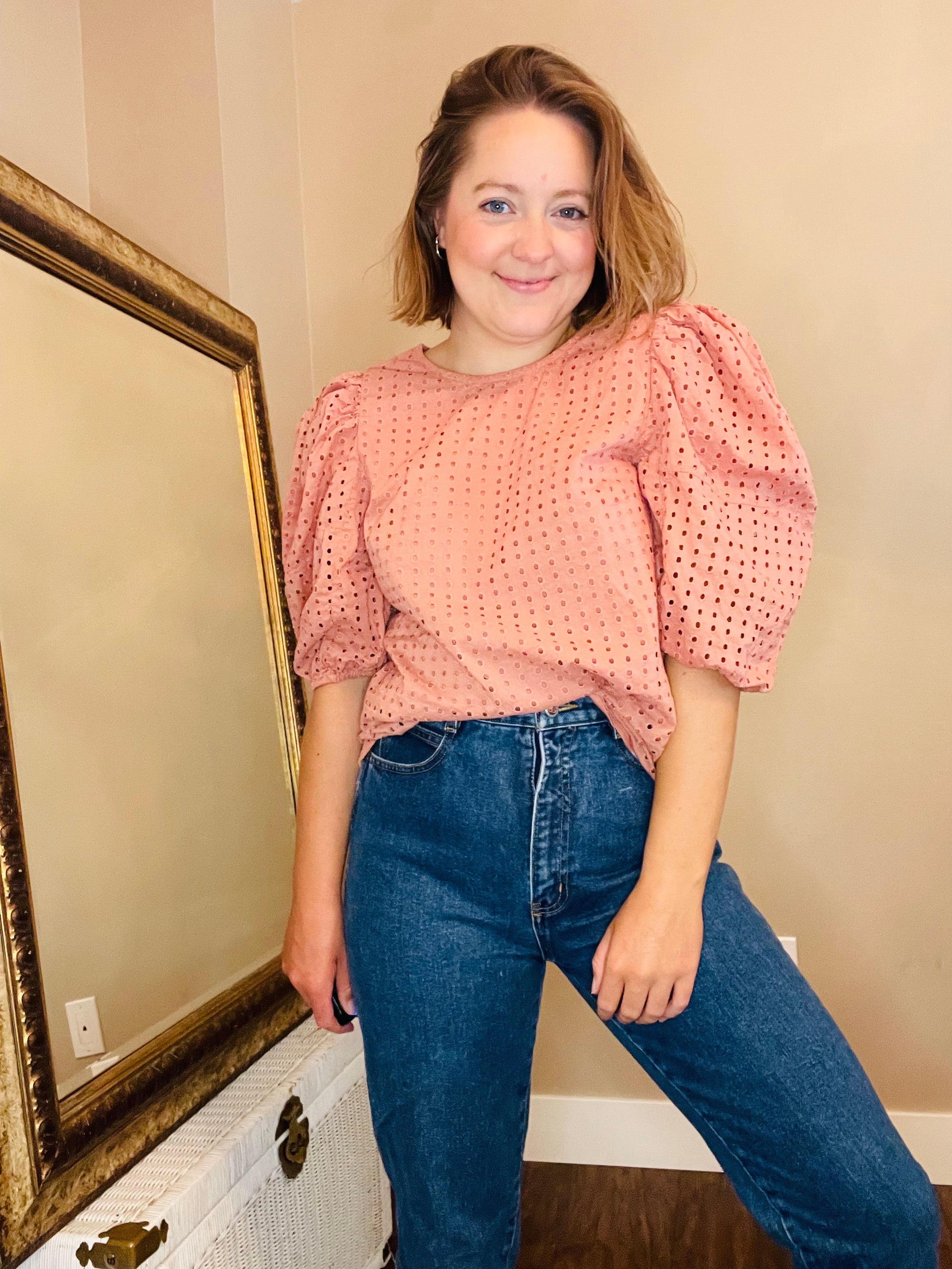 Puff Sleeve Eyelet Blouse Size: Medium