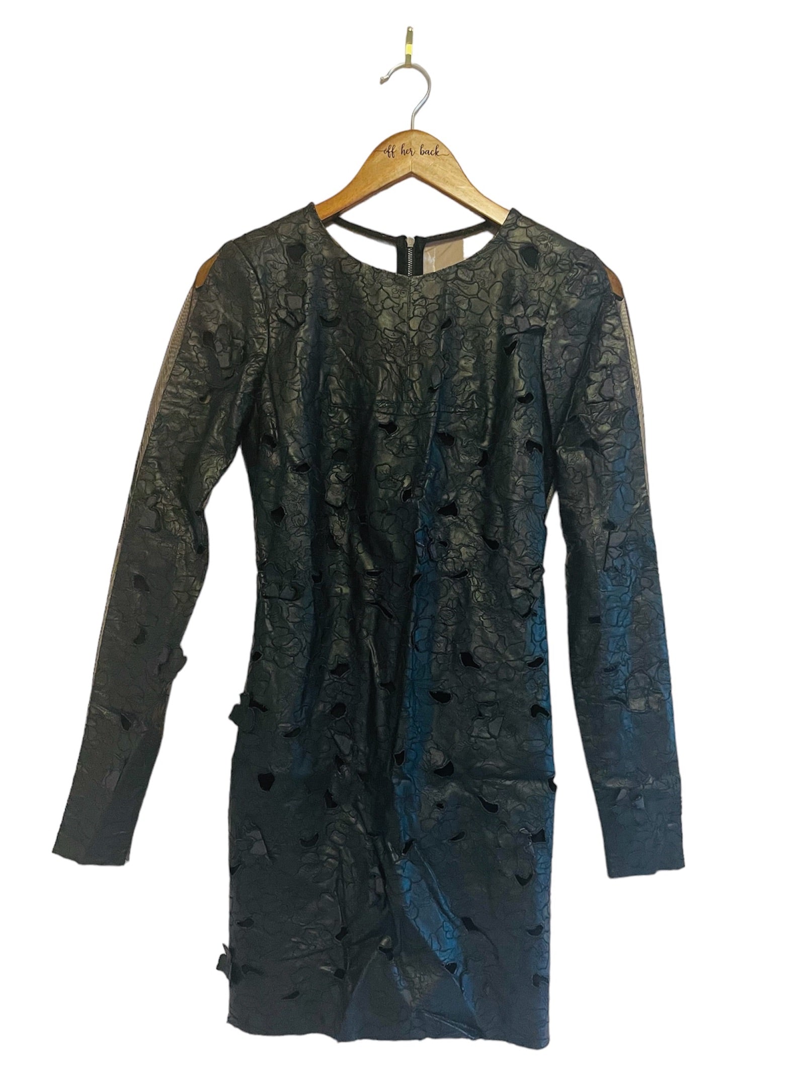 Floral Cut Out Leather Dress W/Sheer Back -Size: 0