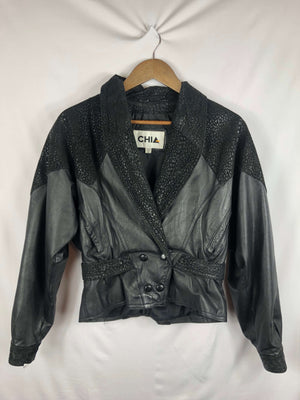 Black Leather Jacket W/ Cheetah Print- Size: Small