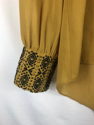Cuff Detailed, Sheer Mustard Blouse Size: Medium