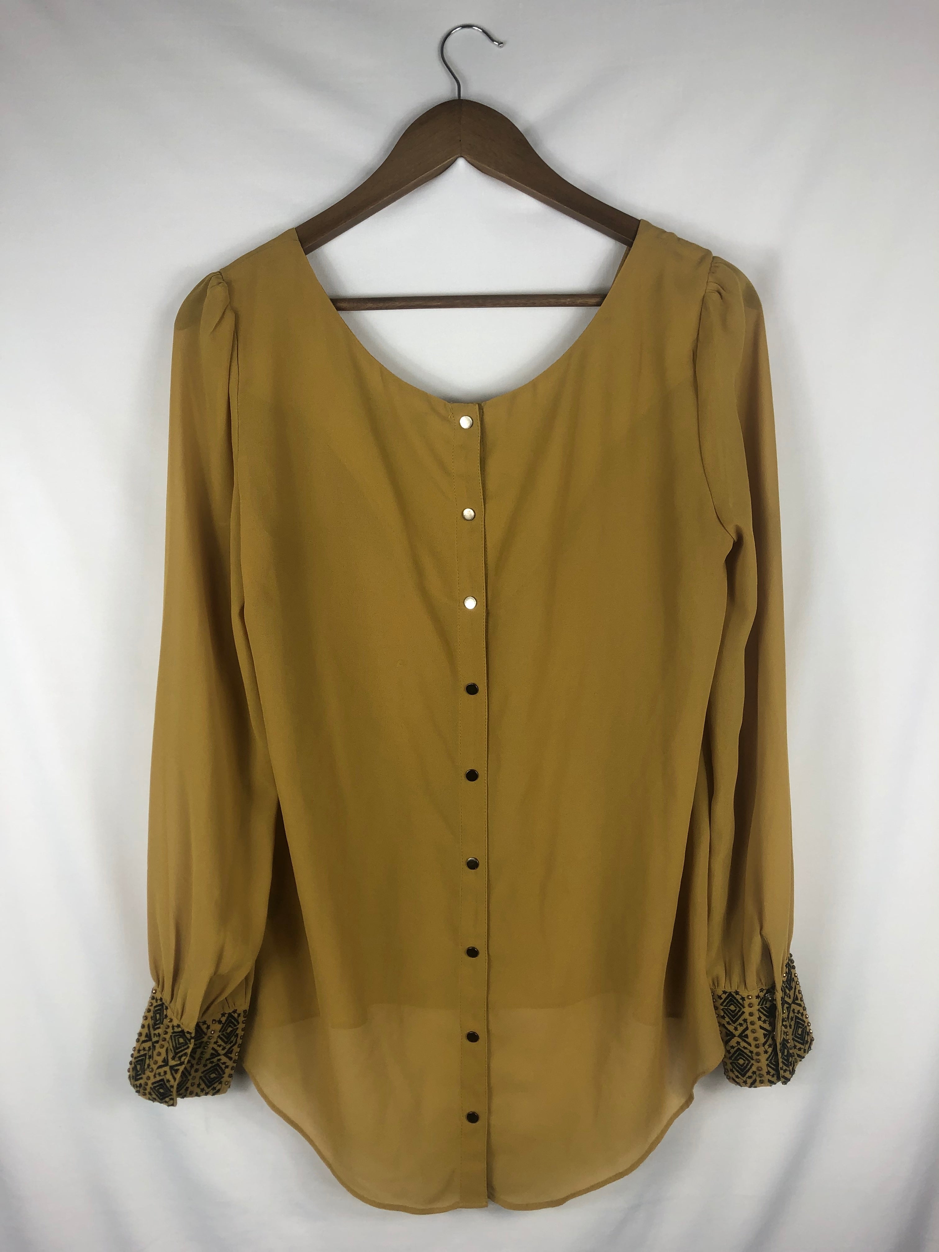 Cuff Detailed, Sheer Mustard Blouse Size: Medium