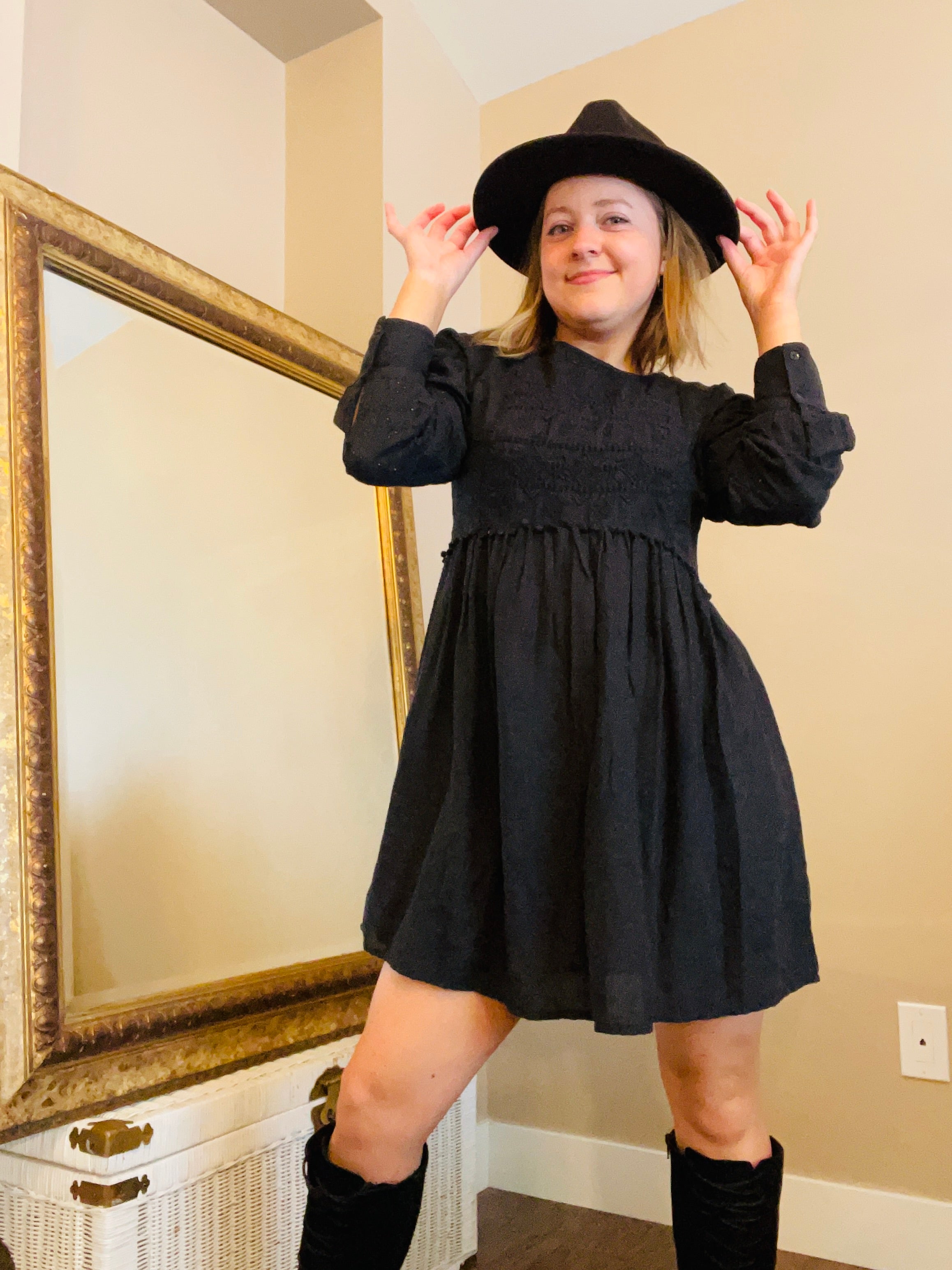 Embroidered Charcoal Long Sleeve Mini Dress Size: XSmall